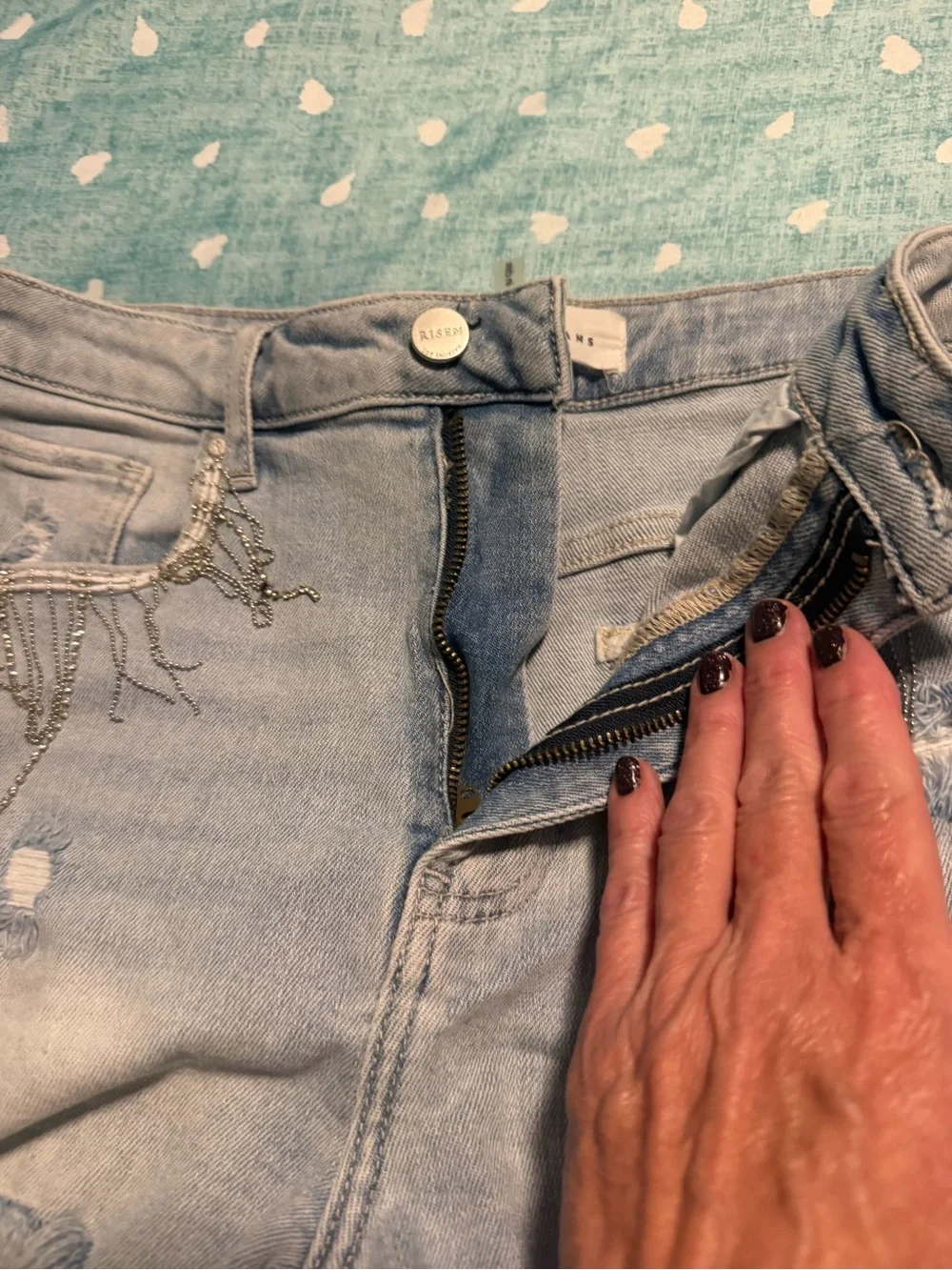 Large Distressed Light Blue Denim Jean Shorts w/ Beaded Fringe. MUST BE BUNDLED